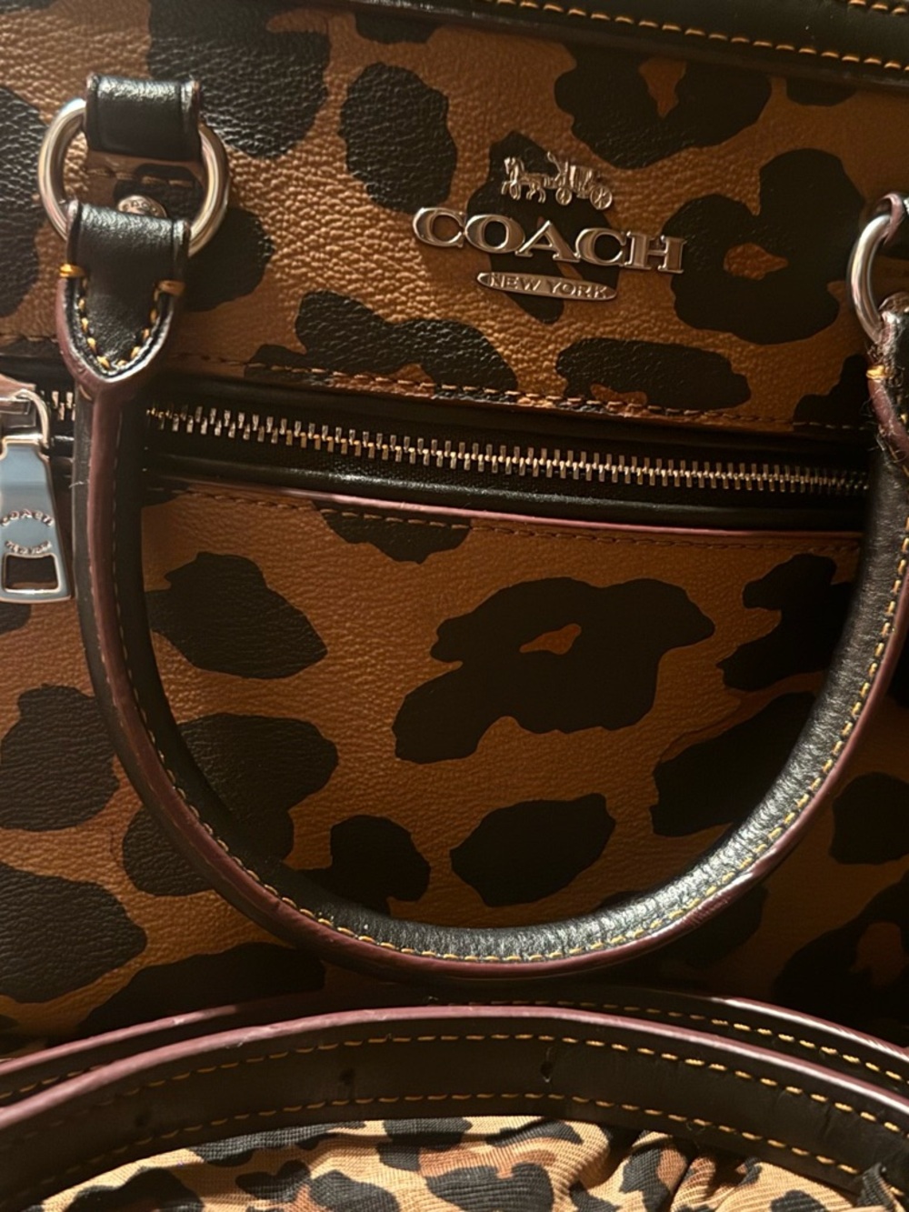 Coach Leopard-Print Leather Satchel - Tan/Black you can use crossbody strap - Picture 5 of 8